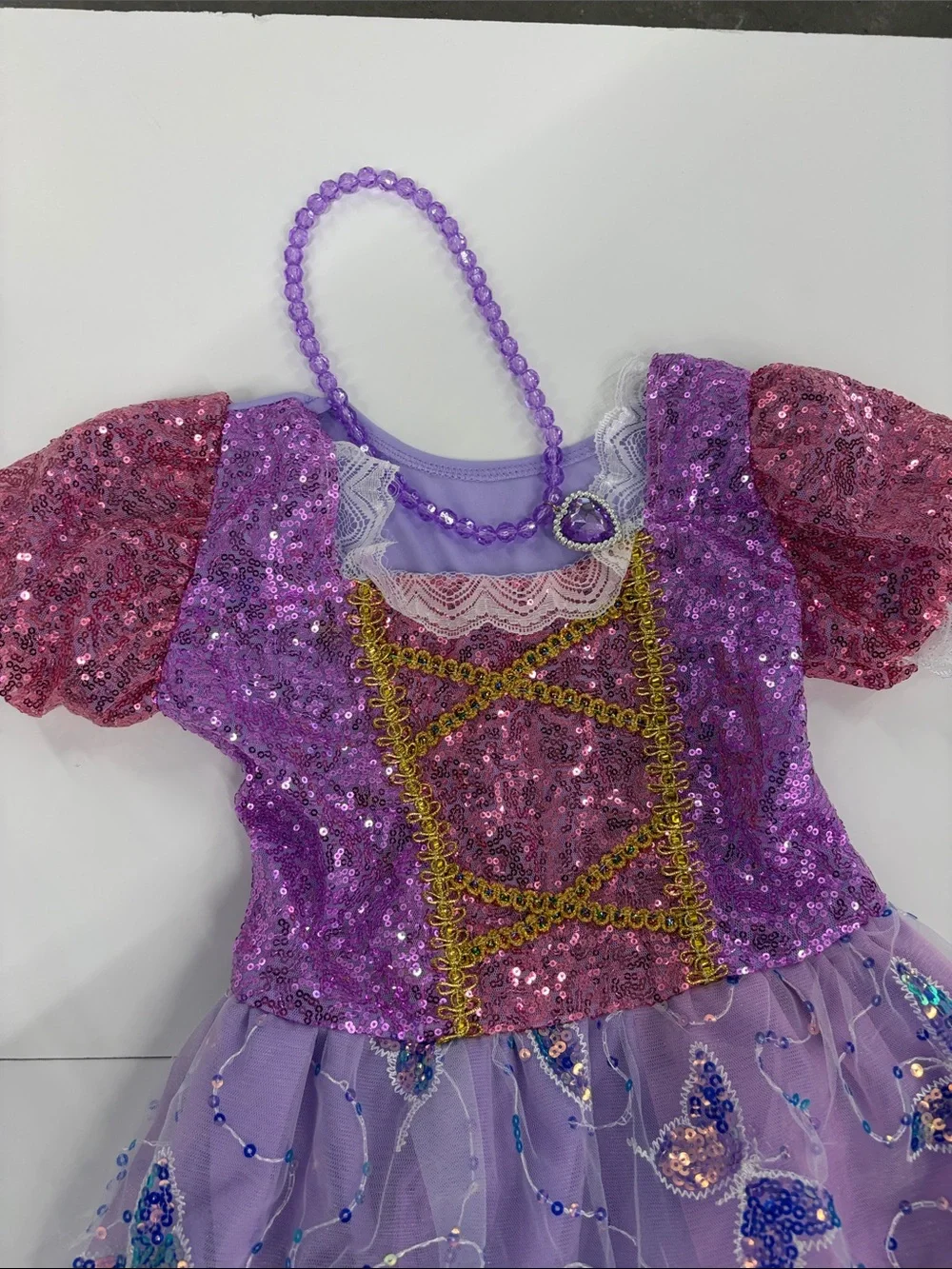 Rapunzel - Purple Butterfly Sparkle Kids Costume Dress with Beaded Necklace